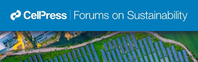 The title of this Forums on Sustainability event, overlaid on the image of a boundary where a residential neighborhood meets a field of solar panels.
